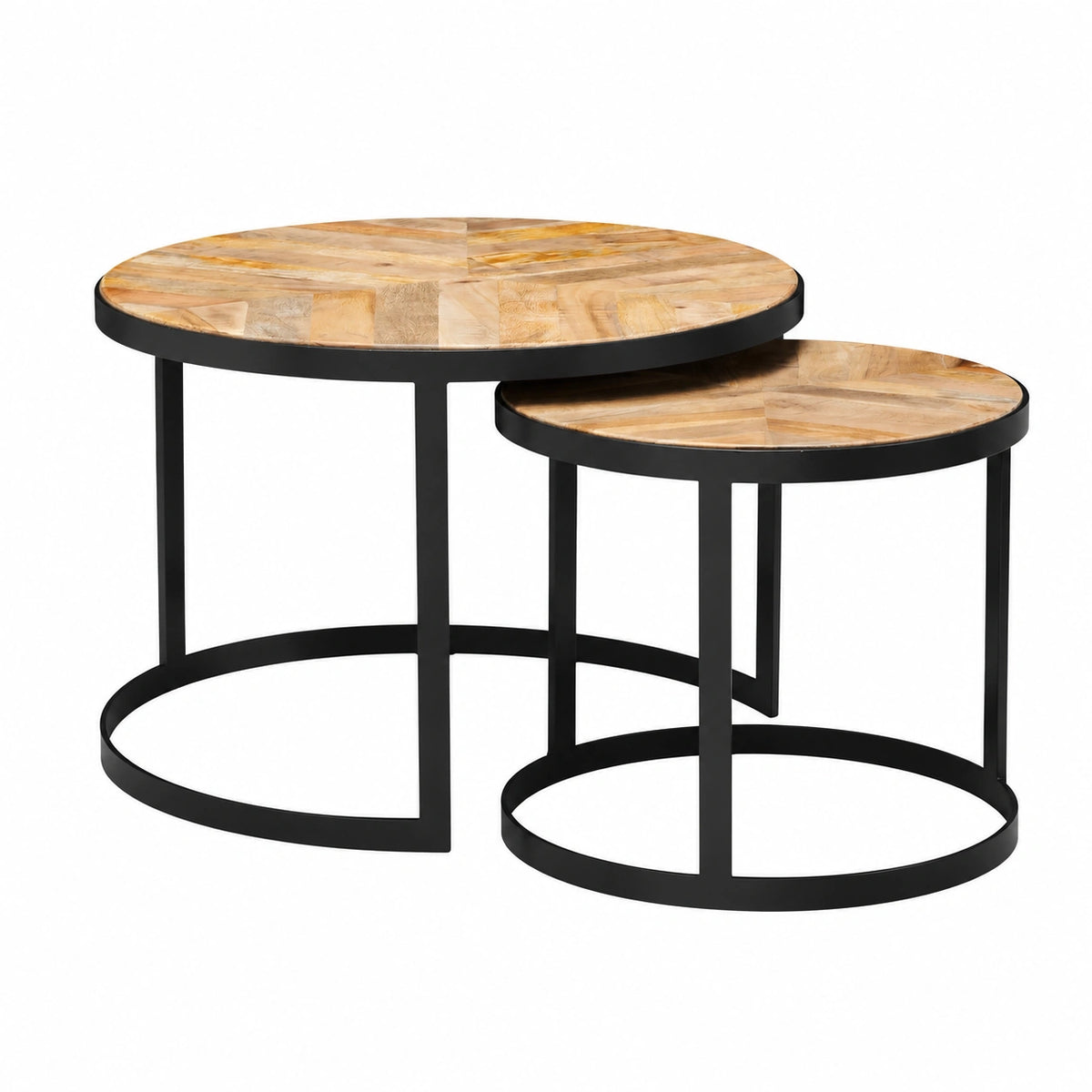 Couchtisch – 2-teilig, Industriestil, runde Form, aus Massivholz und Metall, Braun und Schwarz