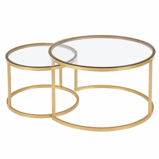 Couchtisch – 2er-Set, runde Form, aus Stahl und Glas, Gold, für Wohnzimmer